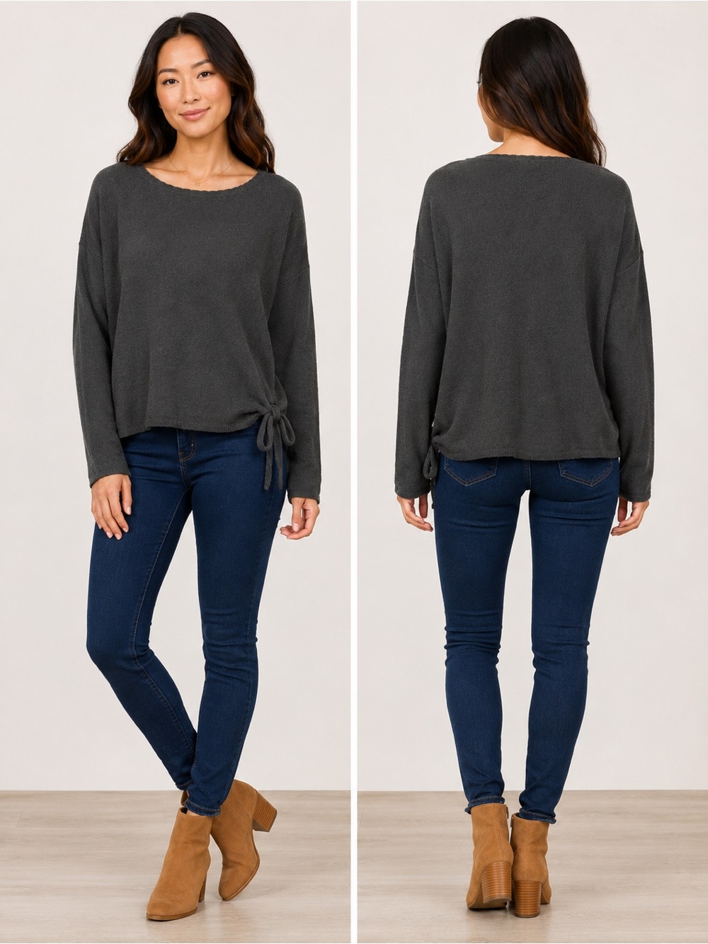 Free People Beach Charcoal Tie-Hem Long Sleeve Pullover ☀️